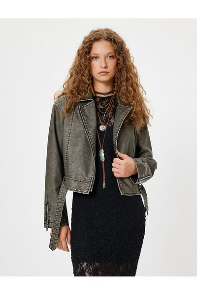 Koton Faux Leather Biker Jacket Distressed Zipper Pocket Belt Detail