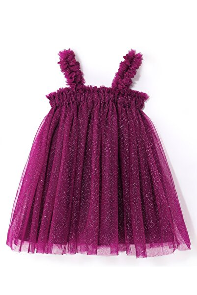 Babyhug Babyhug Singlet Sleeves Mesh Detailing A-Line Glittery Party Frock - Purple
