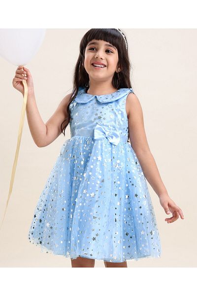 Babyhug Sleeveless Party Wear Star Embellished Mesh Frock - Light Blue