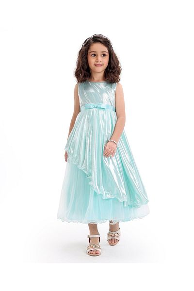 Babyhug Woven Sleeveless Metallic & Mesh Party Gown - Mint