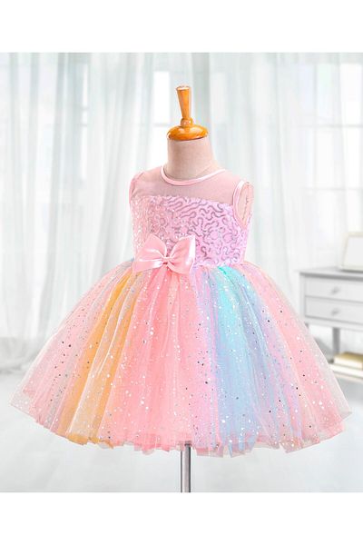 Babyhug Sleeveless Sequinned Party Frock With Bow - Multicolor