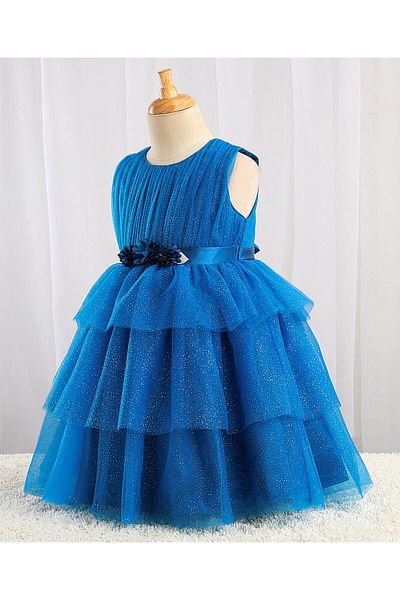Babyhug Sleeveless Mesh Layered Glittery Party Frock with Floral Corsage - Dark Blue