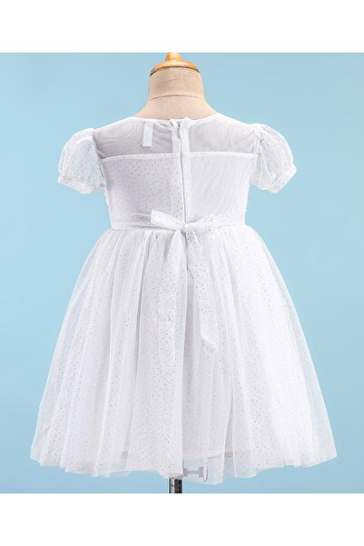 Babyhug Babyhug Woven Half Sleeves Glittery Mesh Party Frock With Sequin Bow - White