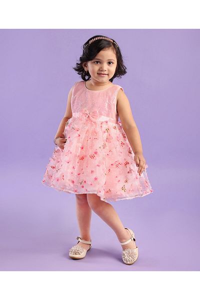 Babyhug Woven Sleeveless 3D Butterfly Fabric Party Frock With Bow  Sequin Embellished - Pink