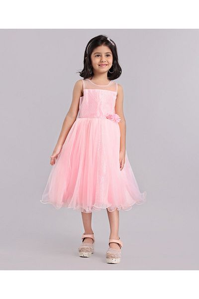 Babyhug Sleeveless Fit and Flare Embellished Party Frock with Corsage - Pink