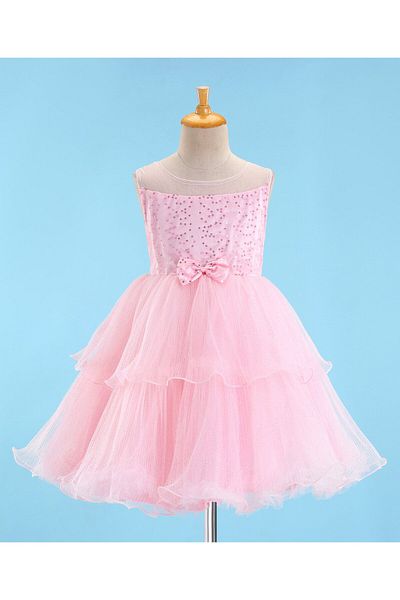 Babyhug Sleeveless Sequinned Party Wear Layered Frock Bow Applique- Pink
