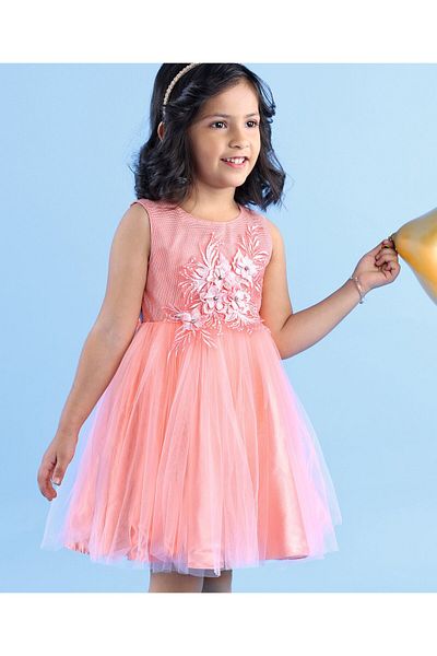 Babyhug Sleeveless Frock With Lace Applique - Peach