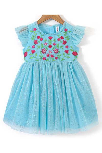 Babyhug Babyhug Sleeveless Yoke Embroidered Party Frock - Aqua Blue