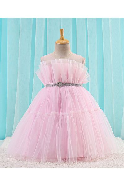 Babyhug Sleeveless Solid Color Mesh Party Frock - Light Pink