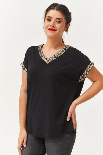 Ebsumu Women's Plus Size Colorful Embroidered Blouse with Sleeves and Collar