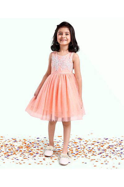 Babyhug Embroidered Frock with Net Detailing - Peach