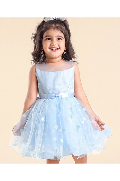 Babyhug Sleeveless Sequin Party Frock With Bow - Frozen Blue
