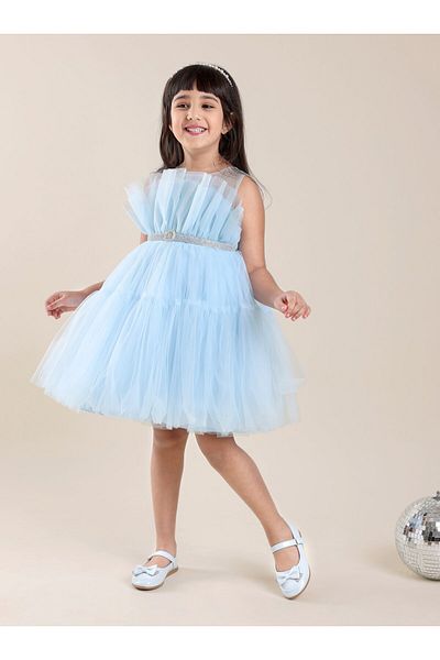 Babyhug Sleeveless Solid Color Mesh Party Frock - Light Blue