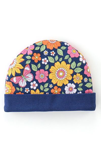 Babyhug 100% Cotton Knit Cap Mittens and Booties Floral Print - Navy Blue