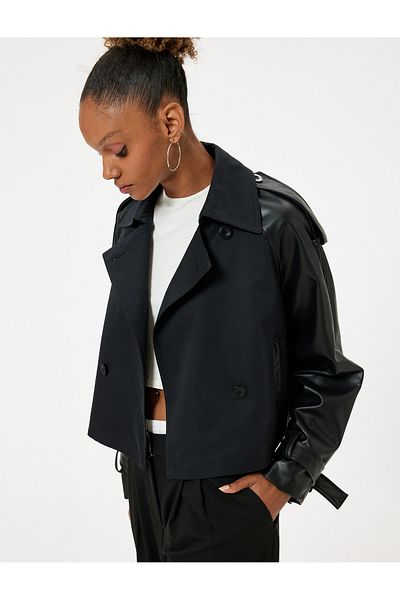 Koton Faux Leather Crop Jacket - Double Breasted Neckline, Button Pocket and Balloon Sleeve