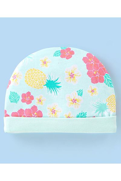 Babyhug 100% Cotton Knit Floral Print Cap Mittens & Booties - Blue