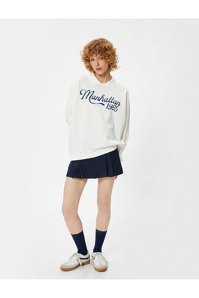 Koton College Printed Polo Collar Oversize Sweatshirt - Long Sleeve