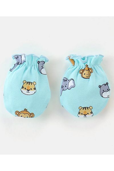 Babyhug طقم قفازات وحذاء قصير مطبوع عليه حيوانات من Babyhug مصنوع من القطن بنسبة 100% - أزرق
