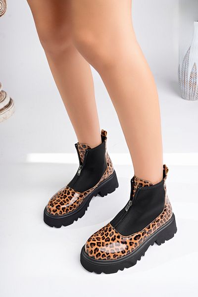 MARSHETTA Γυναικείες μπότες Isabel Model Leopard με λουστρίνι με χοντρή σόλα με φερμουάρ μπροστά