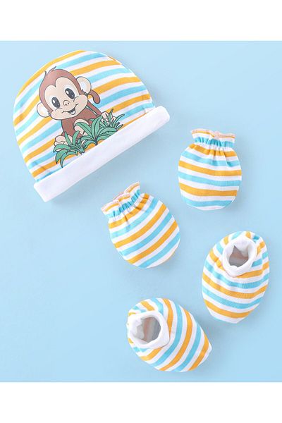 Babyhug قفازات وحذاء بطبعة قرد من القطن بنسبة 100% - متعدد الألوان