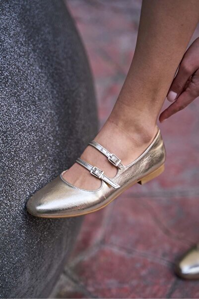 Madamra Gold Women's Double Belted Ballerinas