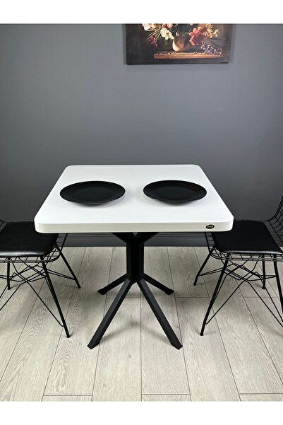hey Tepe Beyaz Mutfak Yemek Masası Balkon Masası Kavisli Köşe Siyah Ayak 70 cm