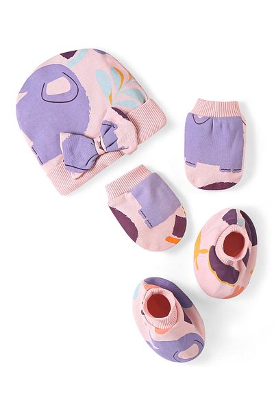 Bonfino 100% Cotton Printed Caps Mittens & Booties Set - Pink