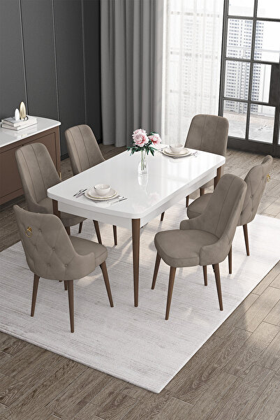 Canisa Noa Serisi 80x132 Açılabilir Mdf Beyaz Masa Ceviz Ayak Masa Takımı Ve ...