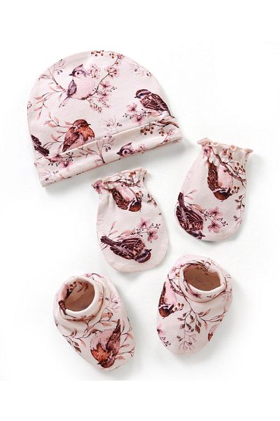 Bonfino Cotton Cap Mittens & Booties Set Bird Print Pink - Diameter 11.5 cm
