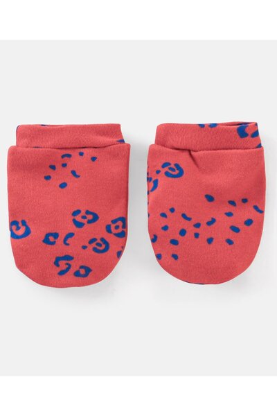 Bonfino 100% Cotton Knit Cap Mittens & Booties Set Leopard Print Red - Diameter 11.5 cm