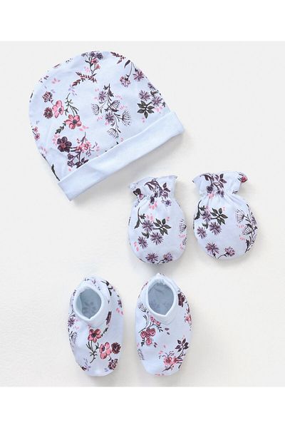Bonfino Cotton Cap Mittens & Booties Set Floral Print Pink Blue - Diameter 11.5 cm