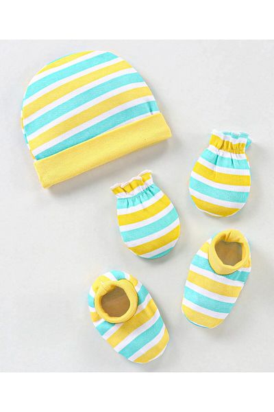 Babyhug طقم قفازات وحذاء مخطط من القطن بنسبة 100% باللون الأزرق والأصفر - القطر - 10.5 سم
