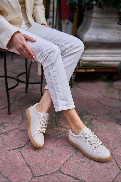 Madamra Beige dicke Damen-Sportschuhe mit Schnürung in Lederoptik