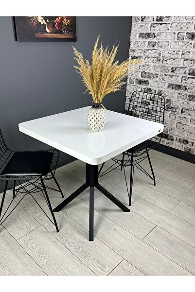 hey Tepe Beyaz Mutfak Yemek Masası Balkon Masası Kavisli Köşe Siyah Ayak 70 cm