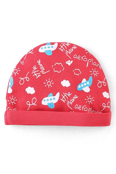 Babyhug 100% Cotton Knit Cap Mittens & Booties With Aircraft Print Pink - Diameter 11 cm