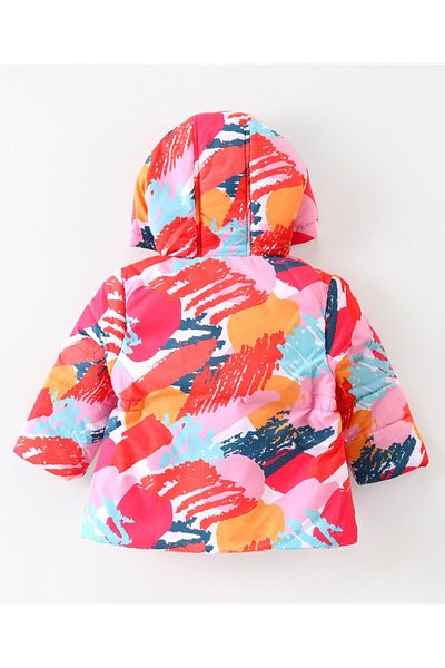 Babyhug جاكيت Babyhug مفتوح من الأمام بأكمام طويلة ومبطن بغطاء رأس وطبعة تجريدية - متعدد الألوان