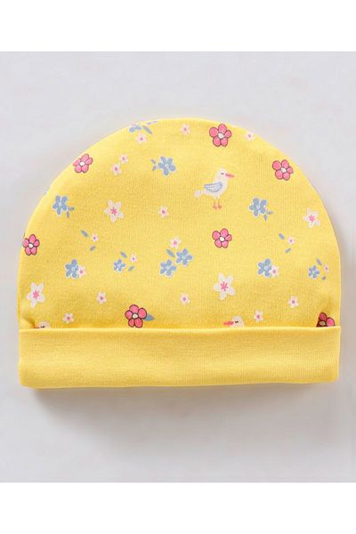 Babyhug 100% Cotton Cap Mittens & Booties Floral Print Yellow- Diameter 10.5 cm