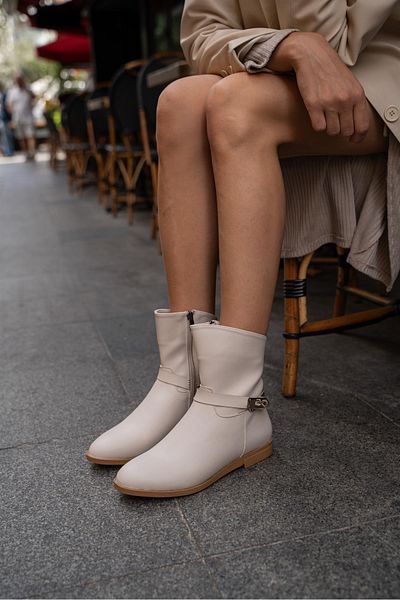 Madamra Beige Women's Leather Boots with Buckle Accessories