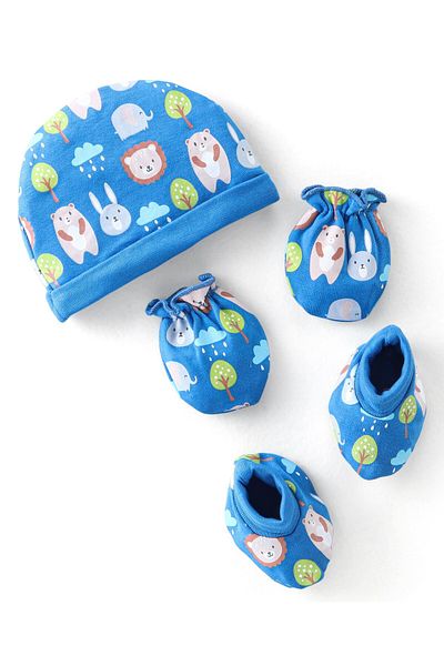 Babyhug 100% Cotton Knit Bear Print Cap Mittens & Booties - Navy Blue