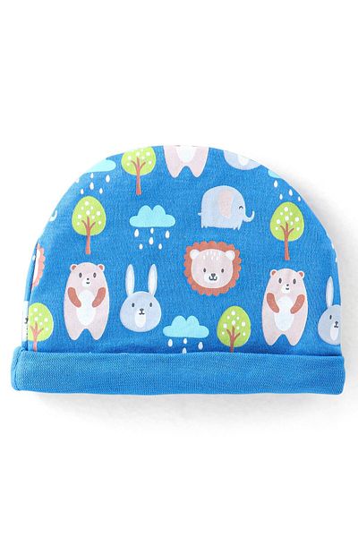Babyhug 100% Cotton Knit Bear Print Cap Mittens & Booties - Navy Blue