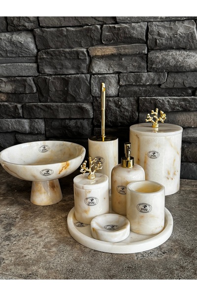 Polen Stone طقم حمام مكون من 8 قطع مع إكسسوارات من الرخام الذهبي المرجاني