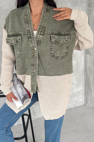 FEMELLE Jachetă de blugi oversize cu model leopard kaki pentru femei, mărime standard, tricotaje cu design detaliat