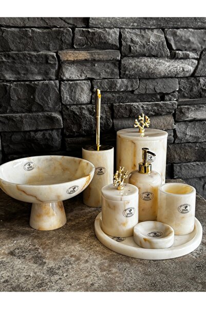Polen Stone طقم حمام مكون من 8 قطع مع إكسسوارات من الرخام الذهبي المرجاني