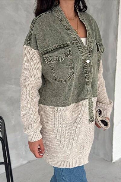 FEMELLE Dámská khaki leopardí vzor Standardní velikost úpletu Detailní design Oversize džínová bunda