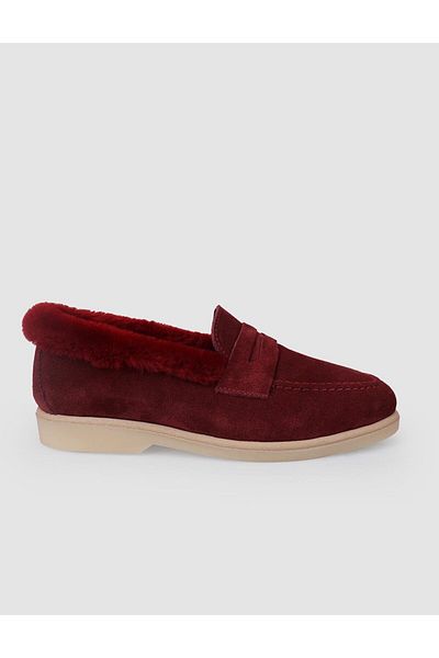 Cabani 100% Genuine Leather Burgundy Suede Shearling Women's Loafer