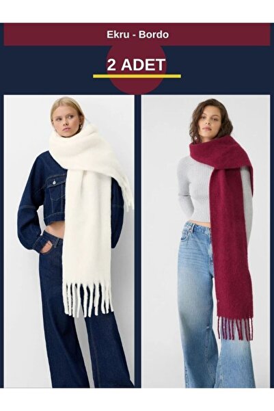 Behills Puffy Yumuşak Kalın Püsküllü Atkı / Kışlık Atkı (190x50 cm) Ekru ve B...