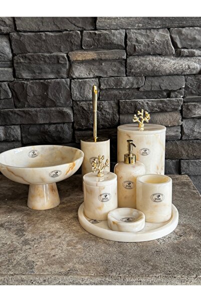 Polen Stone طقم حمام مكون من 8 قطع مع إكسسوارات من الرخام الذهبي المرجاني
