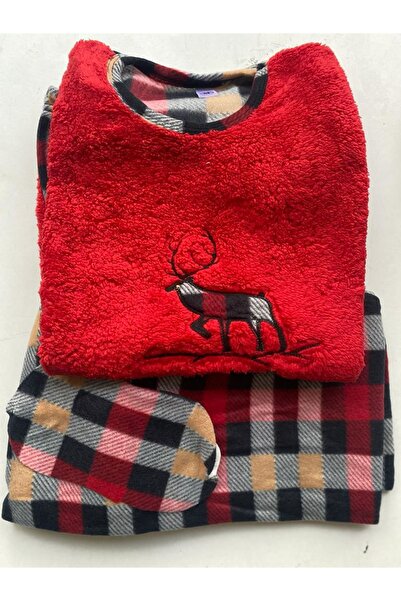 sharin Women's Red Patterned Welsoft Patterned Winter Fleece Pajamas Set 1D-0217