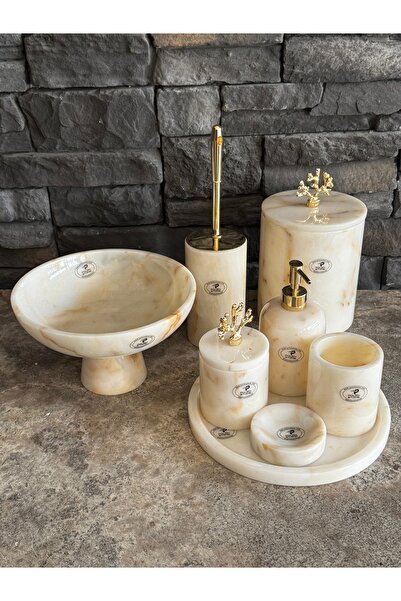 Polen Stone طقم حمام مكون من 8 قطع مع إكسسوارات من الرخام الذهبي المرجاني