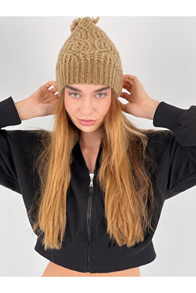 Miss Poem Winter Mink-Colored Women's Beanie with Pompom